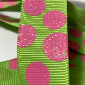 Green Pink Glitter Polka Dot Ribbed Ribbon